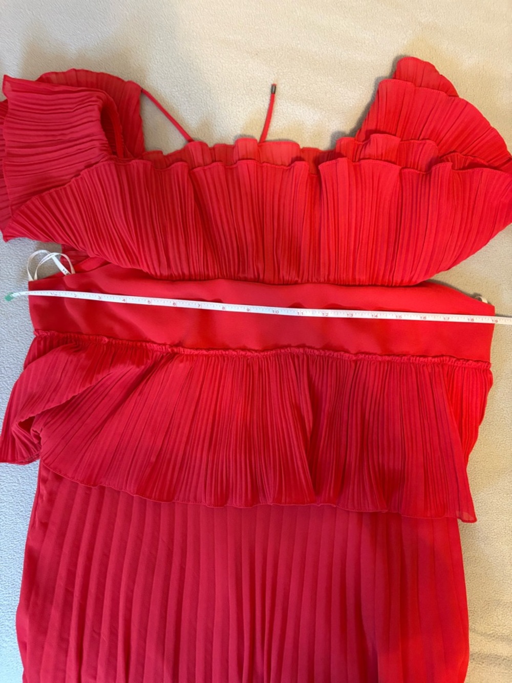 Halston Heritage Red Pleated Ruffle Midi Dress Strappy L NWOT - Picture 7 of 11